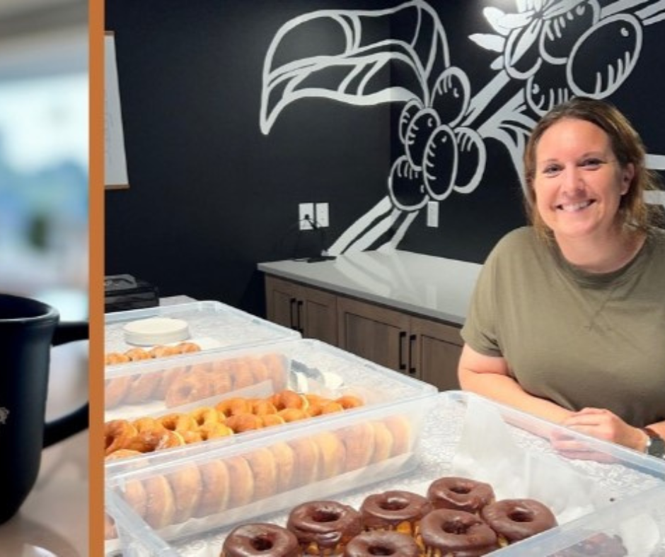 Melissa from Farmstead kitchen smiling next to her handmade donuts ready at goldberry roasting company
