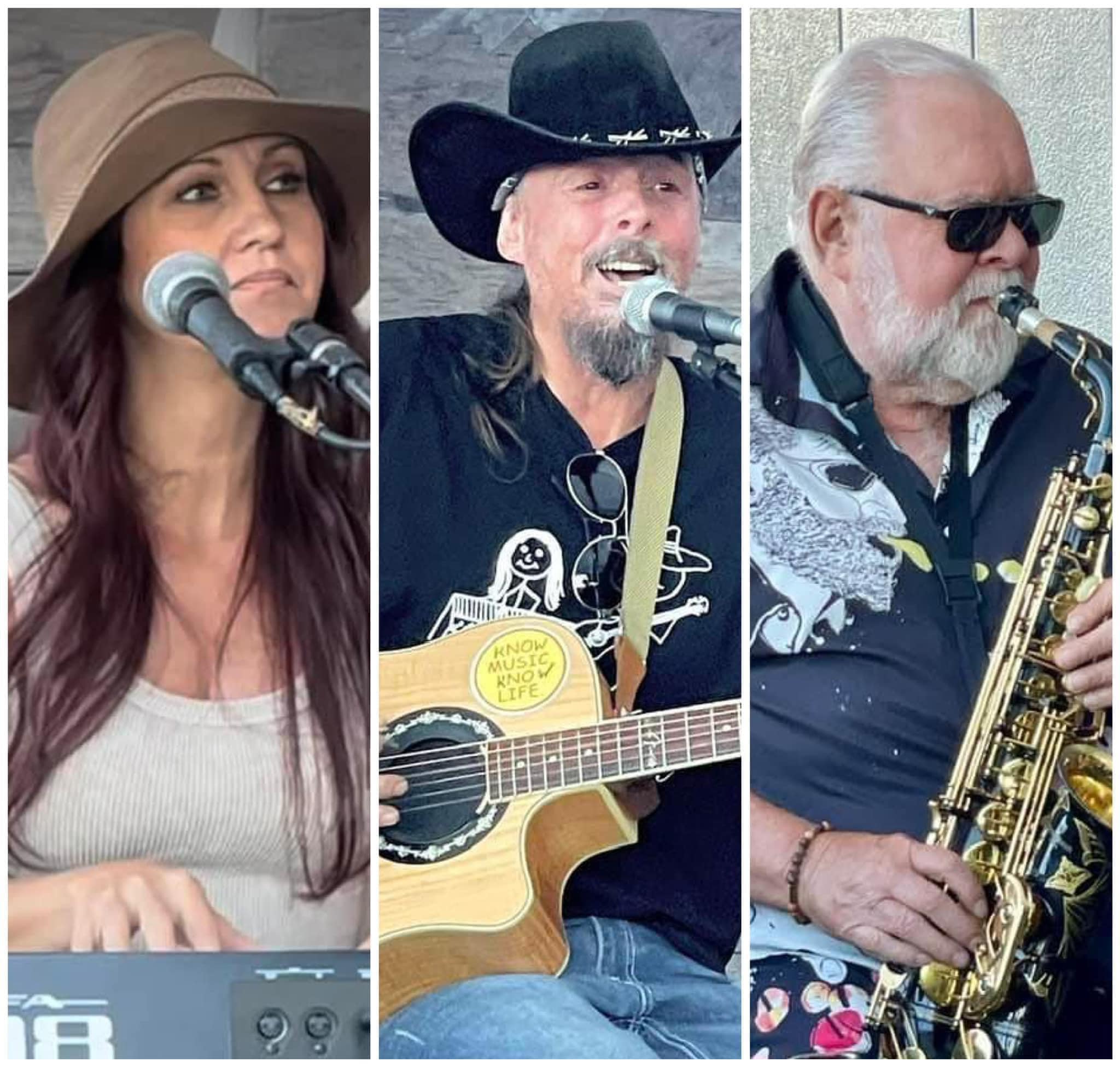 Kim with long brown hair, wearing a cowgirl hat and white tank top singing and playing keyboard, Dougie wearing a cowboy hat and black collared shirt, singing and playing guitar, their friend with white hair and beard wearing sunglasses, black and white shirt and playing saxophone