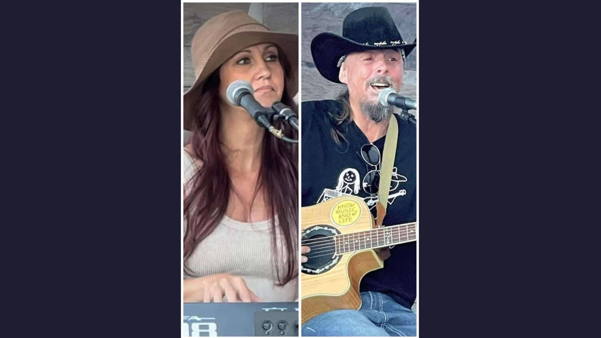 Kim and Dougie singing and playing keyboard and guitar
