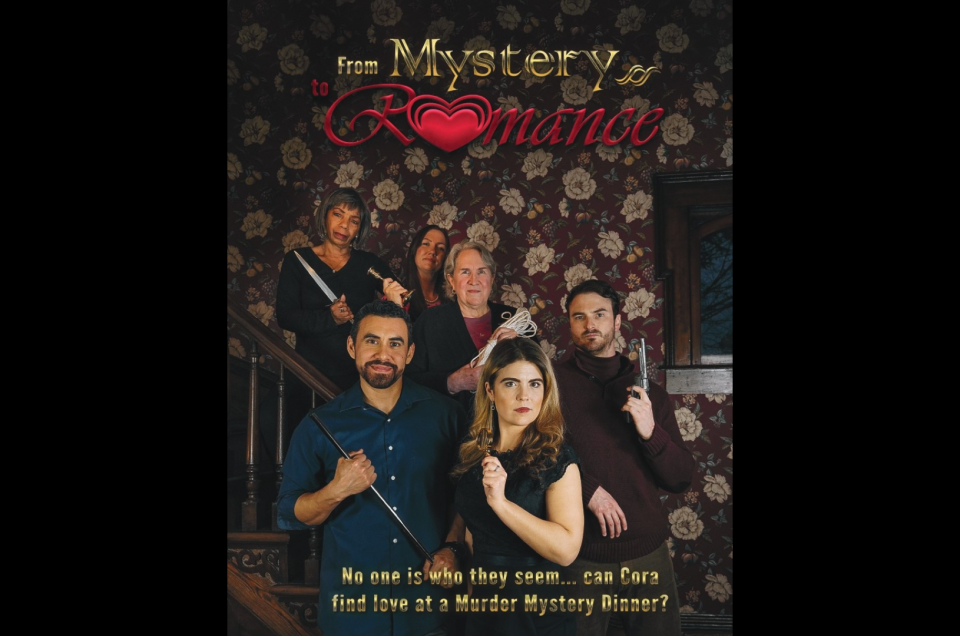 6 People posing on a staircase each holding what looks like murder weapons from Clue