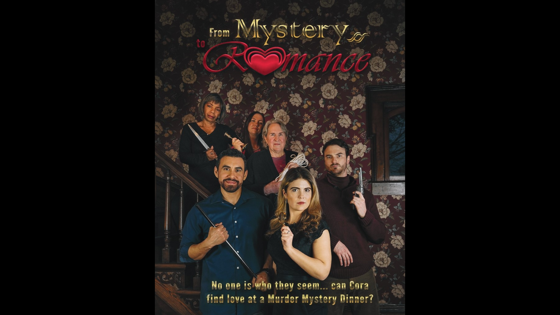 6 People posing on a staircase each holding what looks like murder weapons from Clue