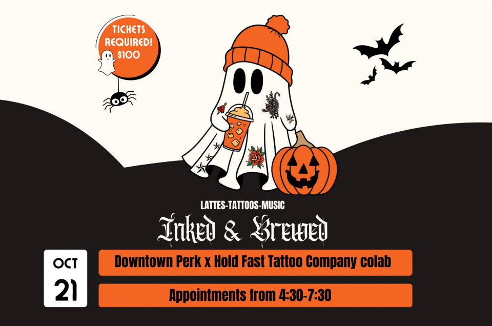 cartoon sheet ghost with tattoo designs next to a pumpkin and holding an iced coffee drink, wearing an orange winter hat
