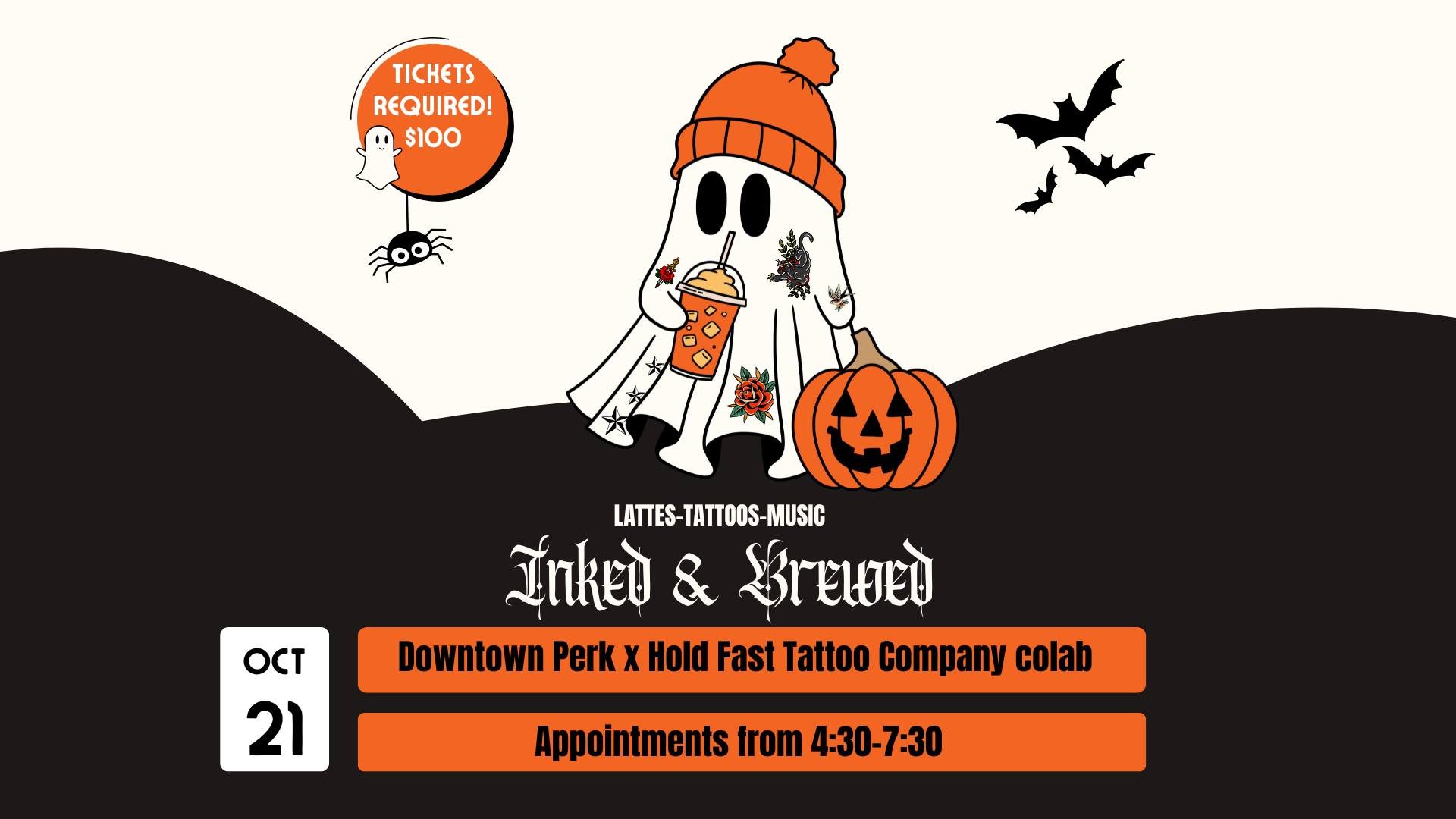 cartoon sheet ghost with tattoo designs next to a pumpkin and holding an iced coffee drink, wearing an orange winter hat