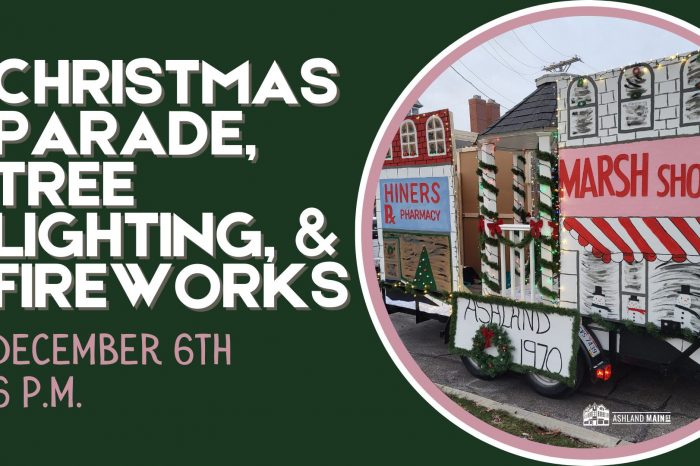 Parade float featuring Ashland Ohio Businesses from 1970, Hiners Pharmacy and Marsh Shoes