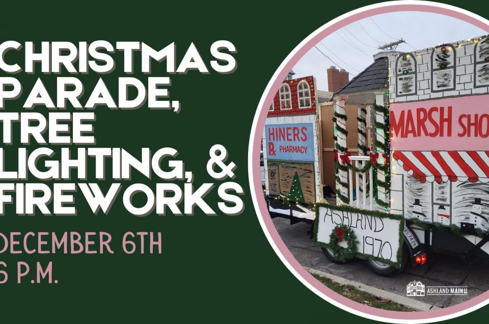 Parade float featuring Ashland Ohio Businesses from 1970, Hiners Pharmacy and Marsh Shoes