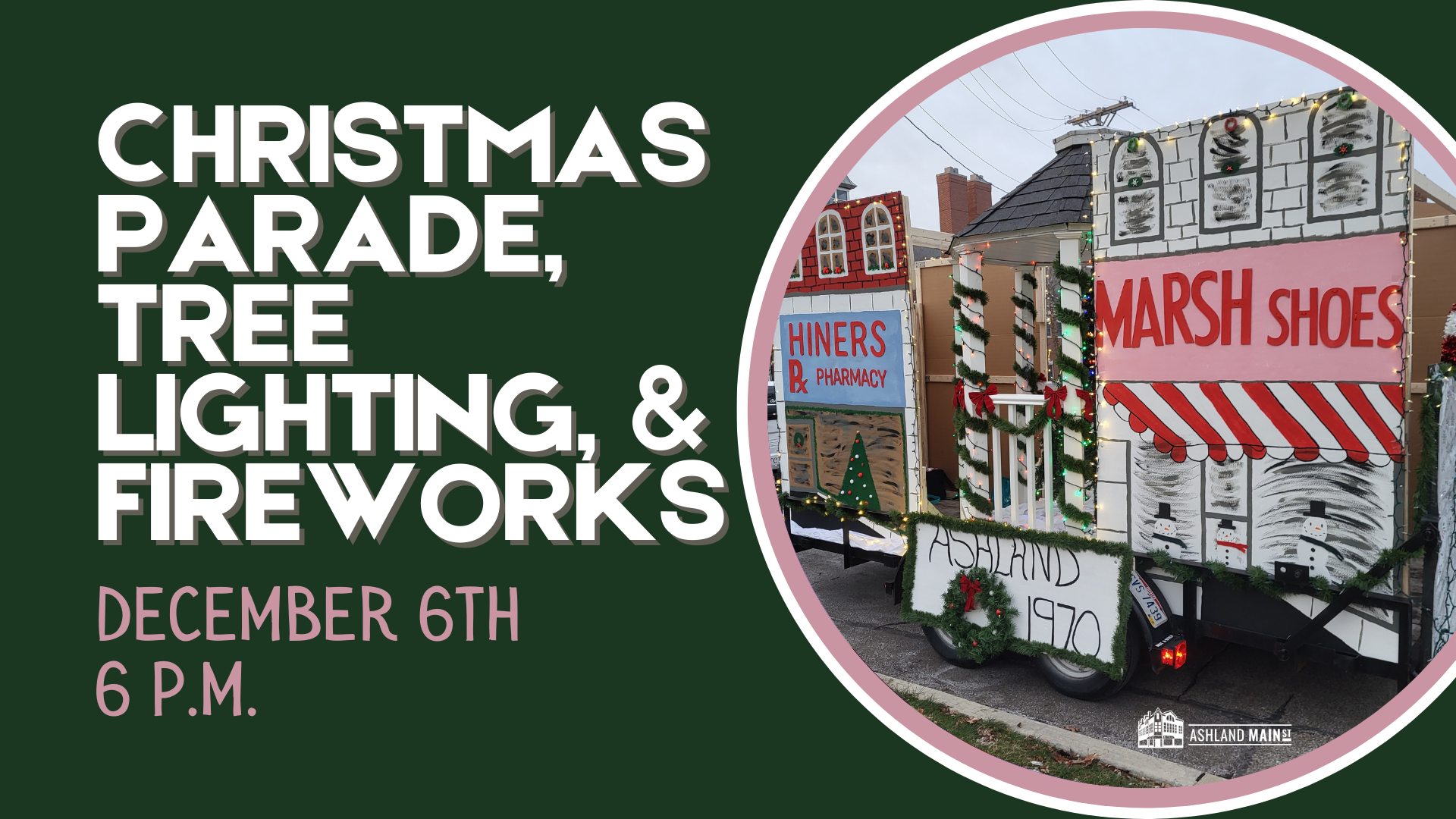 Parade float featuring Ashland Ohio Businesses from 1970, Hiners Pharmacy and Marsh Shoes