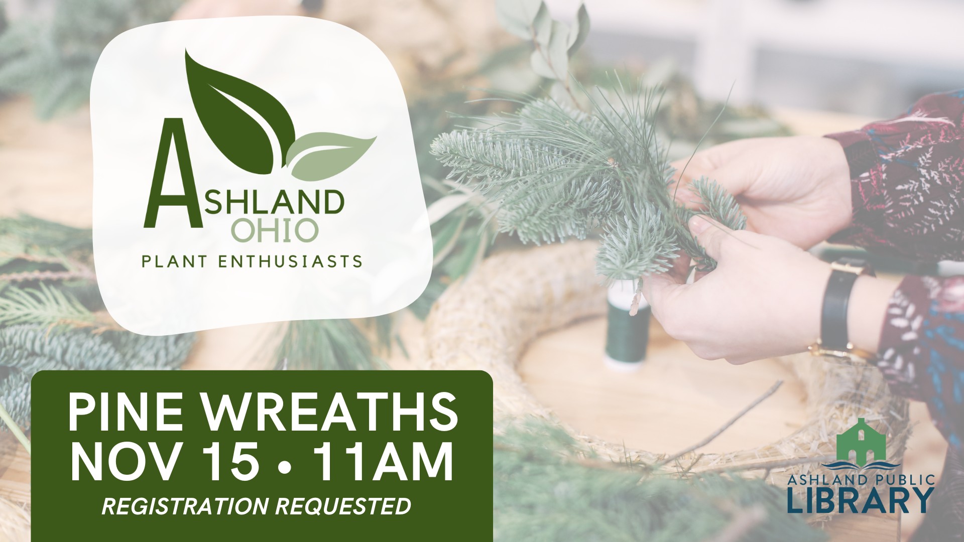 View of a person's hands working on assembling and pine bough wreath