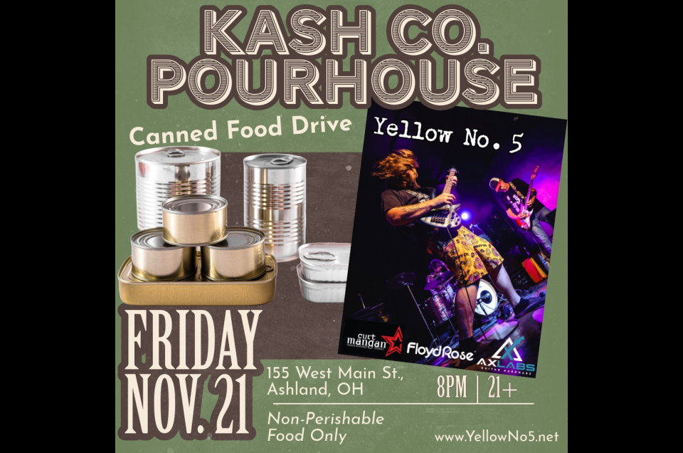 Cans of food next to picture of Yellow No. 5 playing on stage