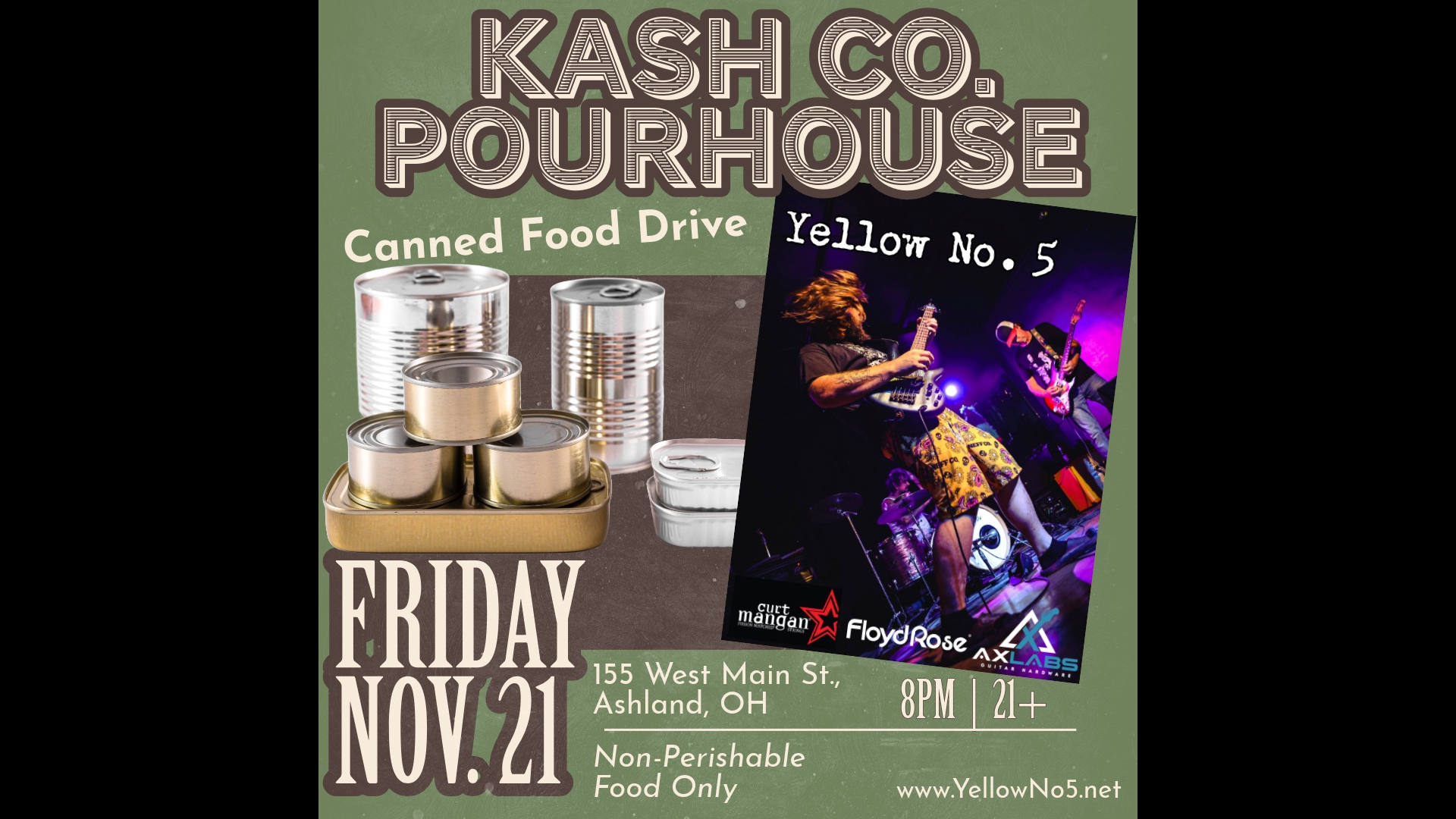 Cans of food next to picture of Yellow No. 5 playing on stage