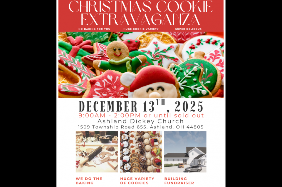 beautifully decorated Christmas cookies with red, green, and white icing, an image of cookies in the process of being made - rolling pin and dough scraps on a cutting board, and a picture of the church building