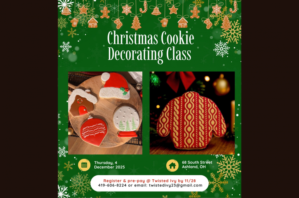 decorated Christmas cookies, including an ugly Christmas sweater, ornaments, gingerbread house, and santa hat