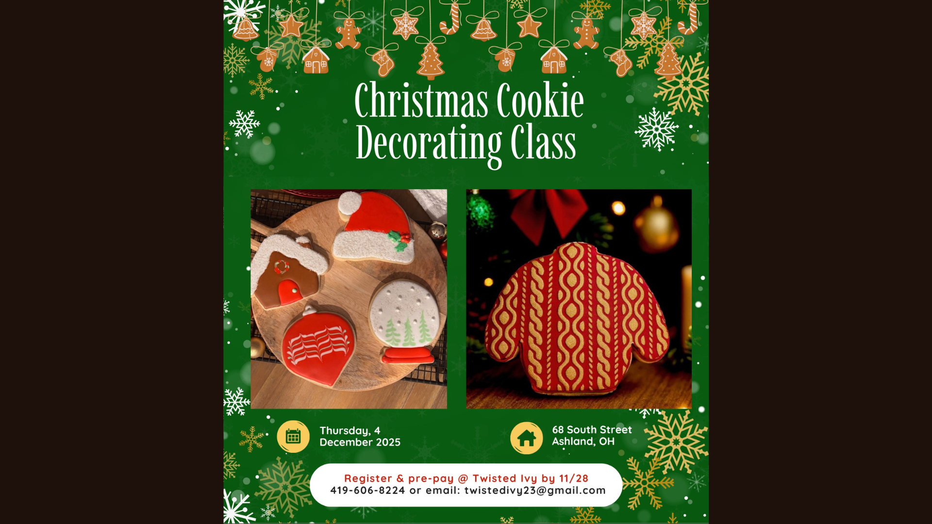 decorated Christmas cookies, including an ugly Christmas sweater, ornaments, gingerbread house, and santa hat