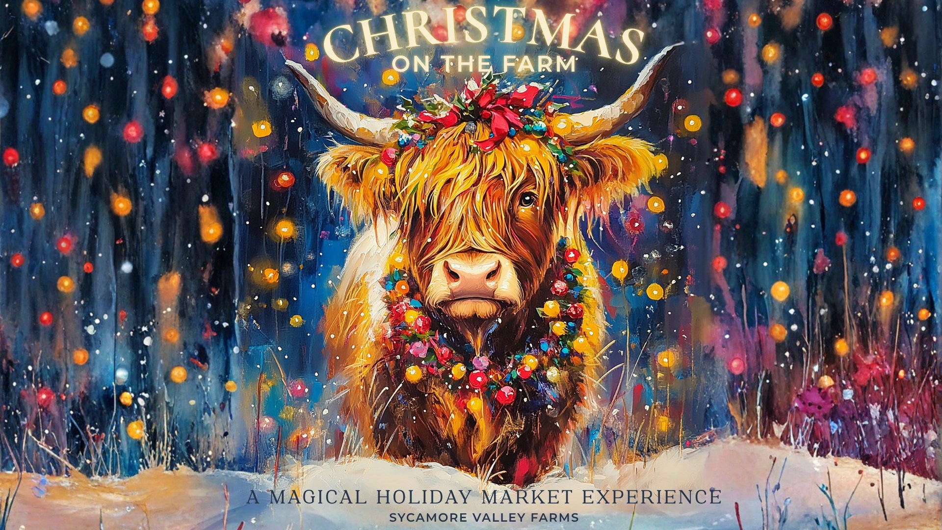 painting of highland cow with holiday wreath around its neck and headpiece with ribbons and ornaments in the middle of what looks like raining Christmas lights