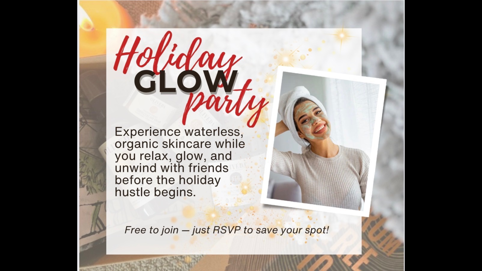 A smiling woman wearing a t-shirt with a white towel wrapped on her head and a green mud mask on her face