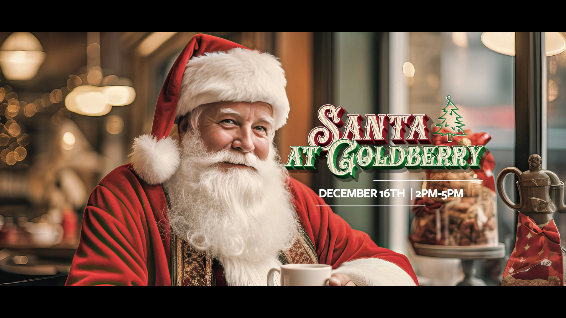 A friendly looking Santa holding a mug