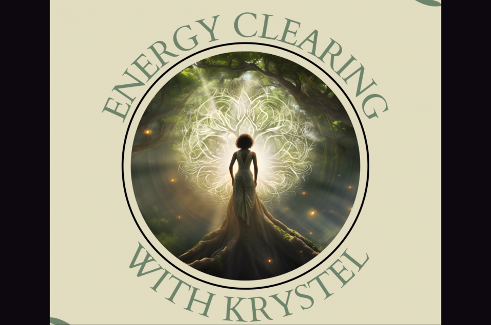 Under a tree, a silhouetted woman is standing in front of of a ball of energy.