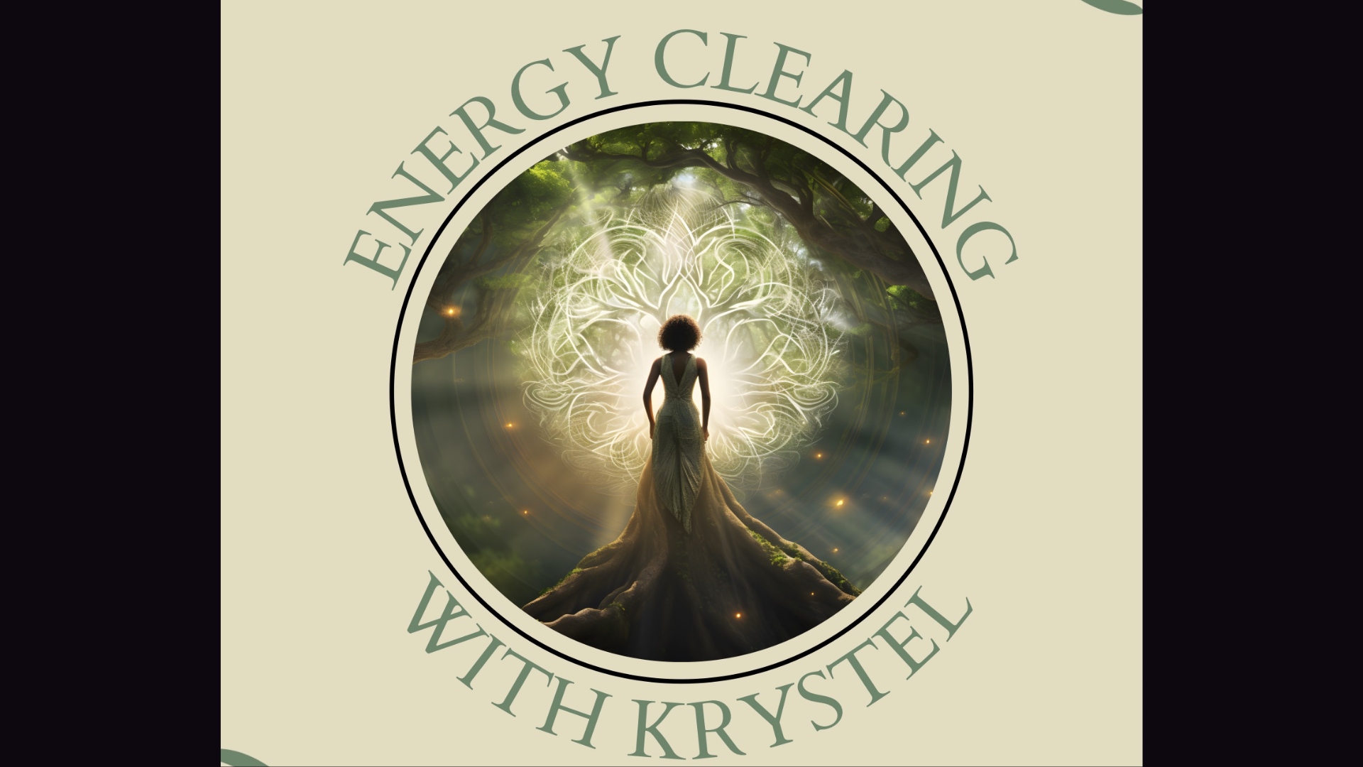 Under a tree, a silhouetted woman is standing in front of of a ball of energy.