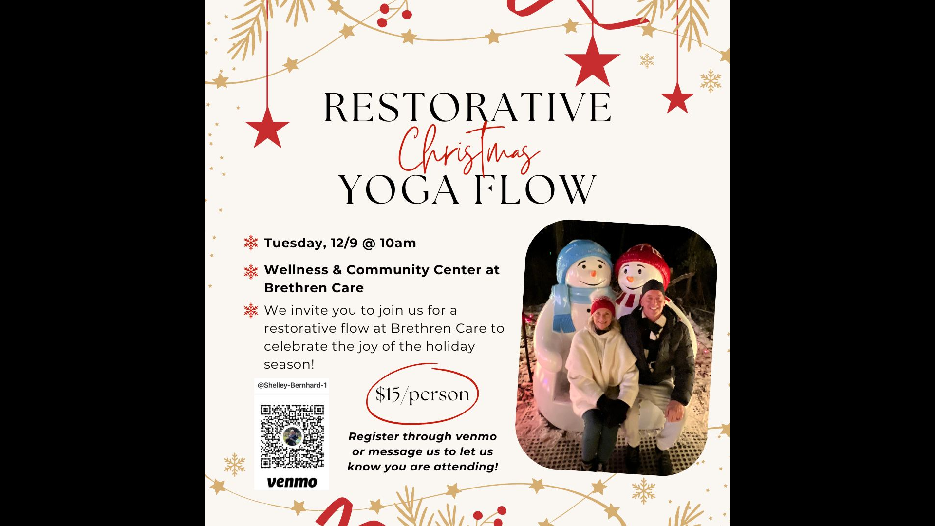 Yoga instructors smiling and sitting on a snowman bench at Candy Cane Trail