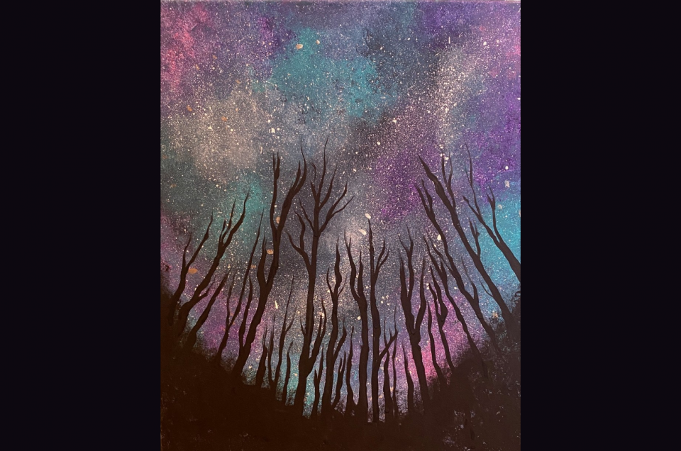 A Painting of a galaxy with trees reaching to the sky