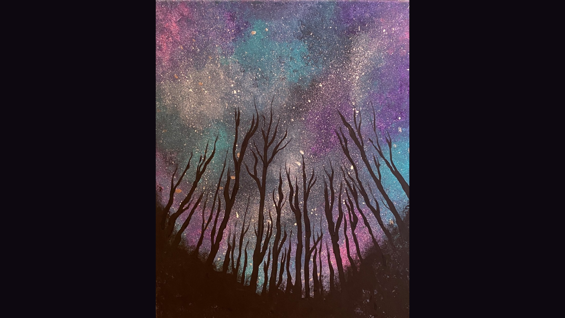 A Painting of a galaxy with trees reaching to the sky